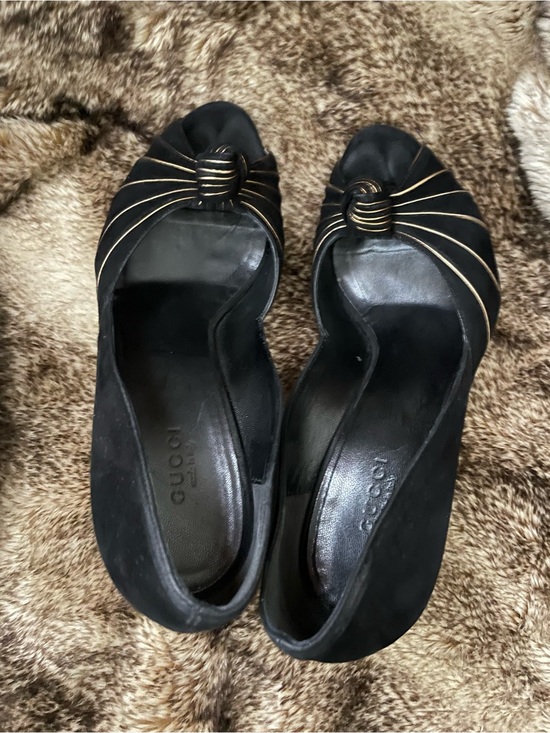 Gucci Shoes - Gucci Black Suede Heels with Gold Stripes & Accent Knot